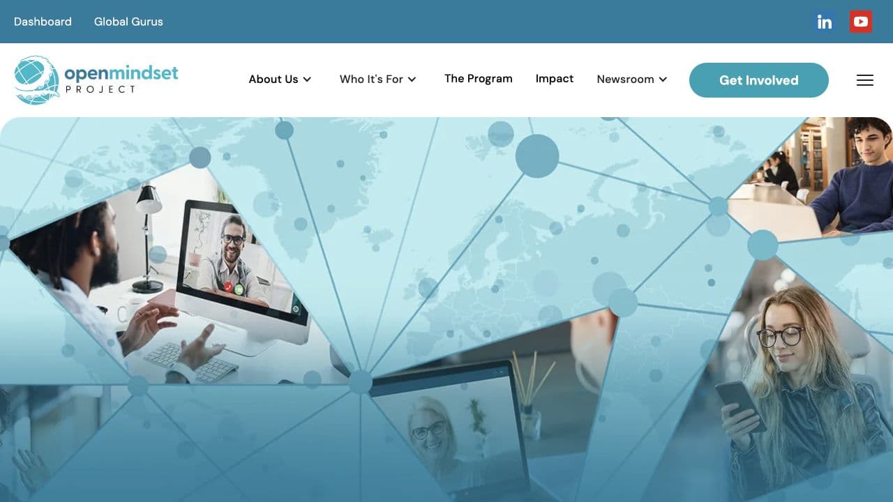 Open Mindset Project homepage hero showing a global education and mentorship network