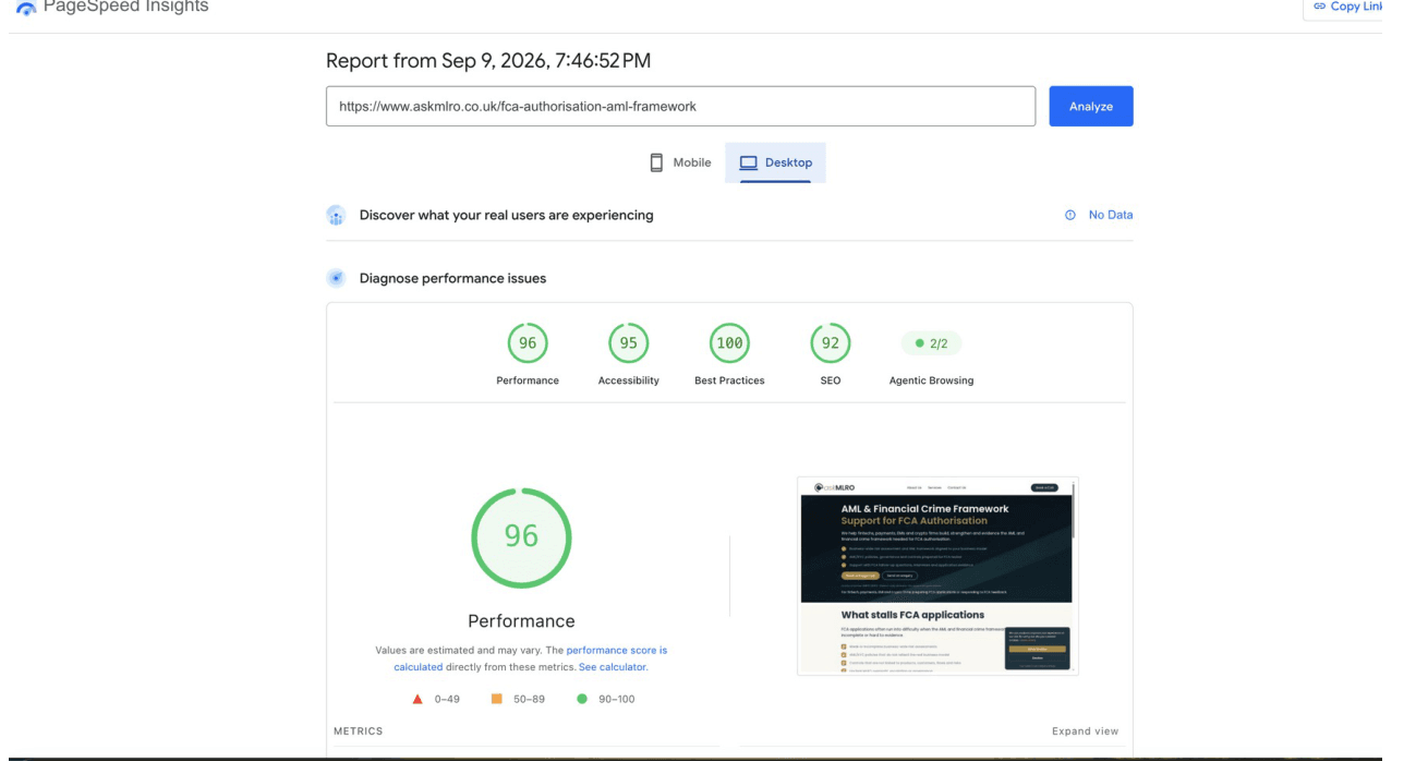 Google PageSpeed Insights report for the askMLRO FCA Authorisation AML landing page showing a Performance score of 96