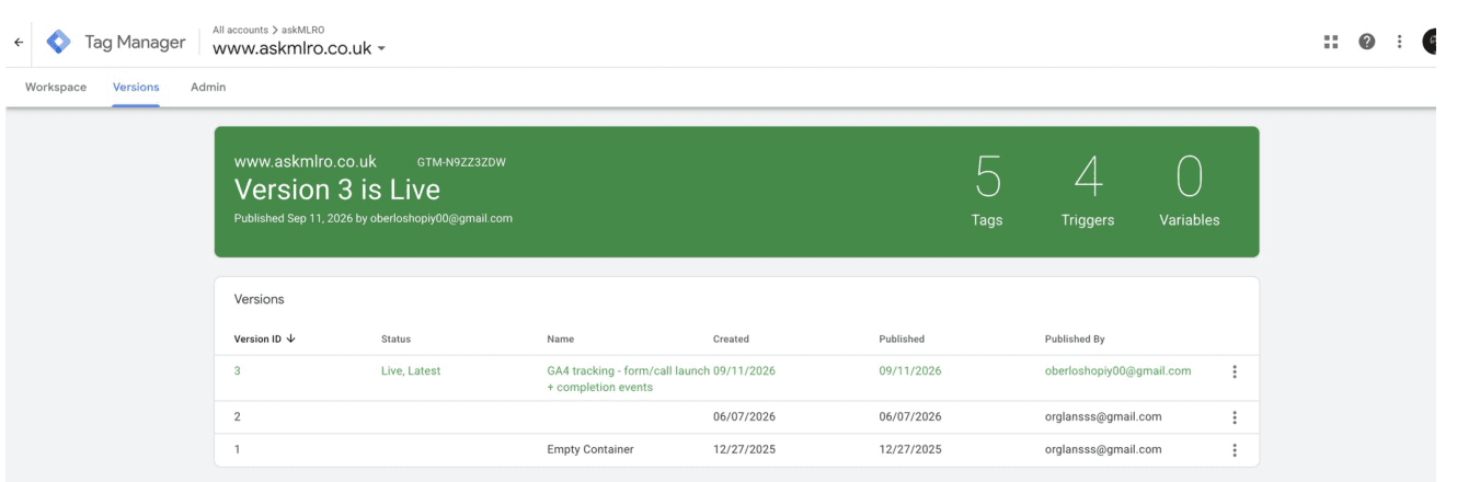 Google Tag Manager version history for askMLRO showing Version 3 published live with 5 tags and 4 triggers