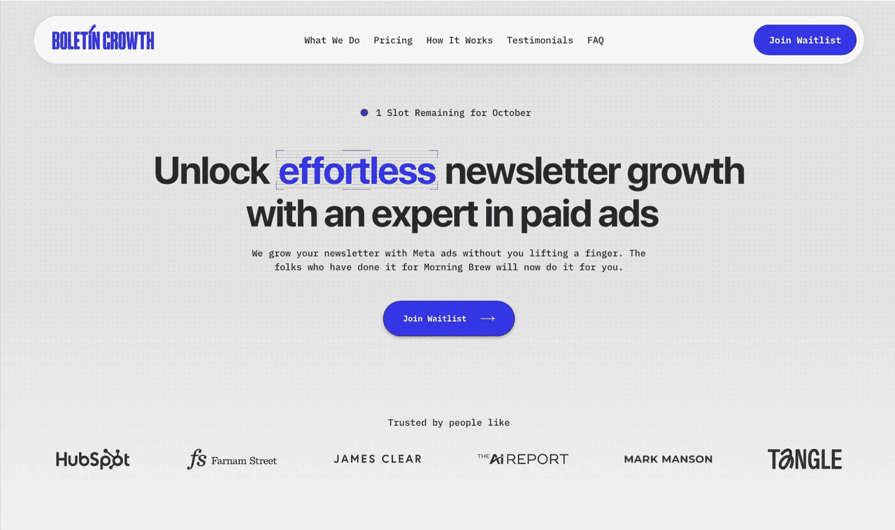Boletin Growth homepage hero reading "Unlock effortless newsletter growth with an expert in paid ads," with partner logos for HubSpot, Farnam Street, James Clear, The AI Report, Mark Manson, and Tangle