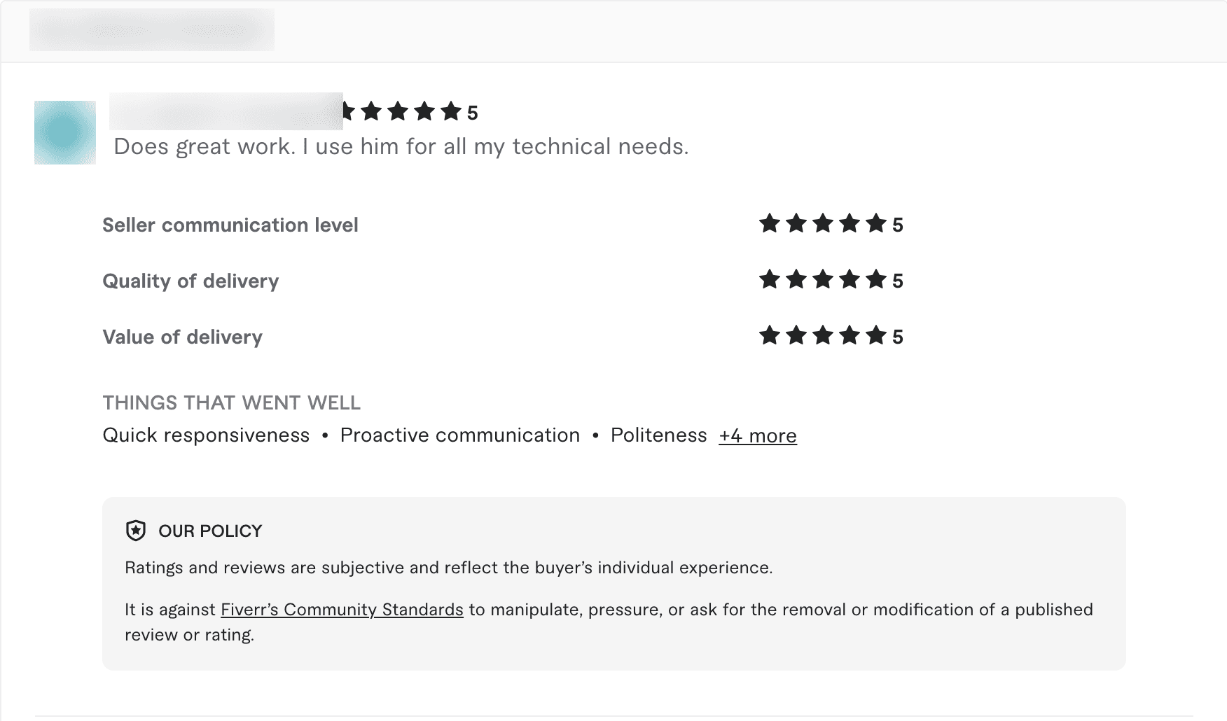 Five-star Fiverr review from Leo Fadi praising Hassaan Javed’s technical work, communication, delivery quality, and value